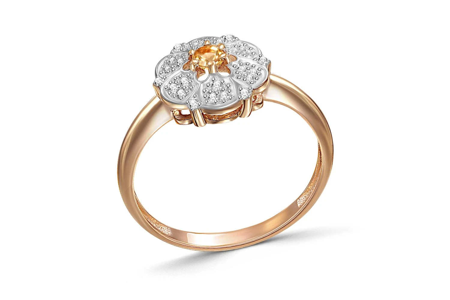 Кольцо Цветок из красного золота с цитрином и 24 фианитами