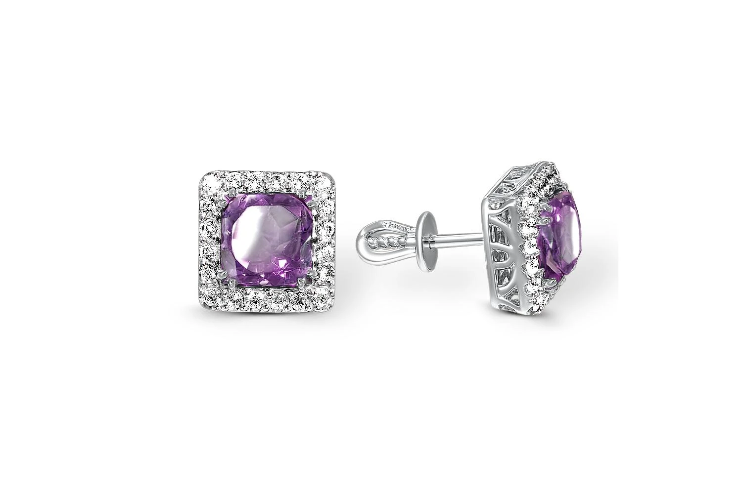 Серьги-пусеты из белого золота с 2 аметистами и 40 фианитами