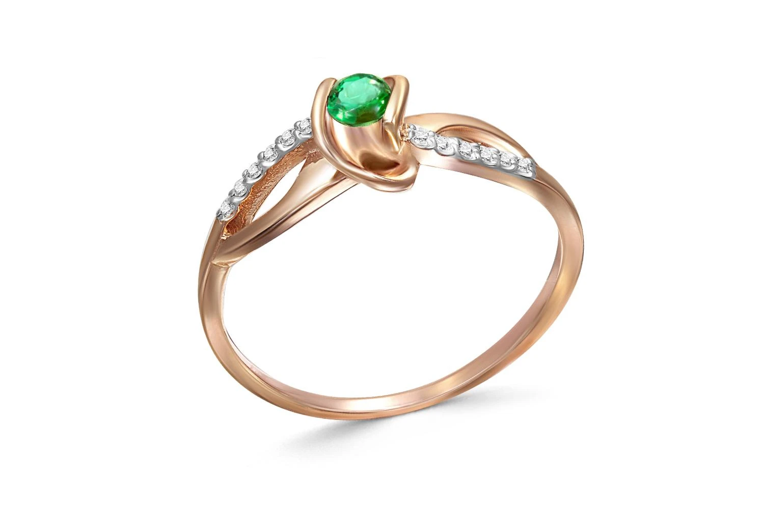 Кольцо из красного золота с изумрудом и 12 бриллиантами