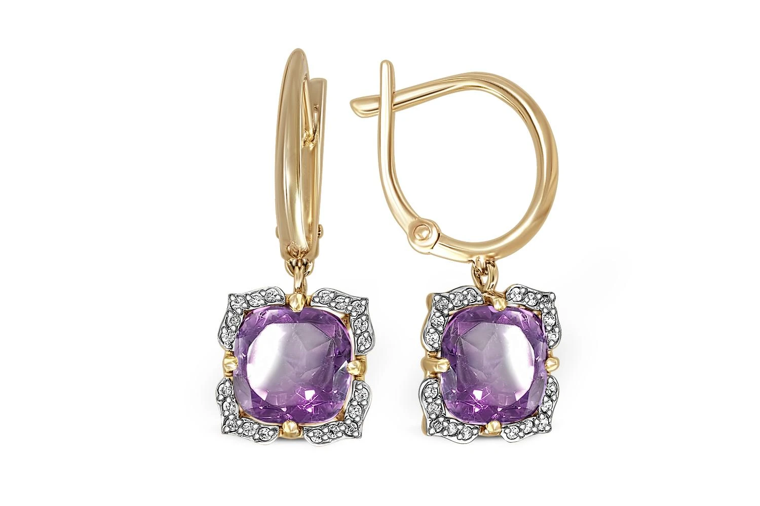 Серьги из жёлтого золота с 2 аметистами и 40 фианитами