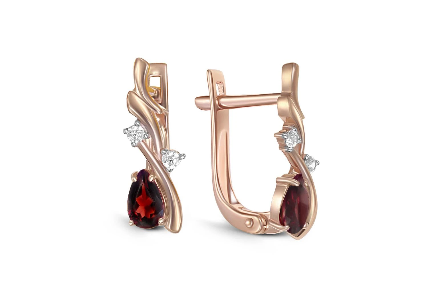 Серьги из красного золота с 2 гранатами и 4 фианитами