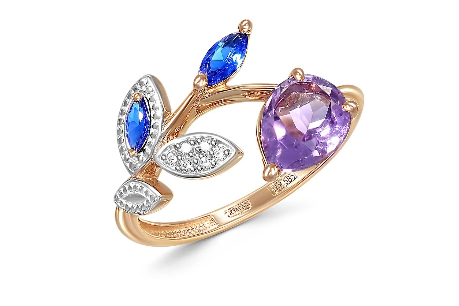 Кольцо Веточка из красного золота с аметистом и 8 фианитами