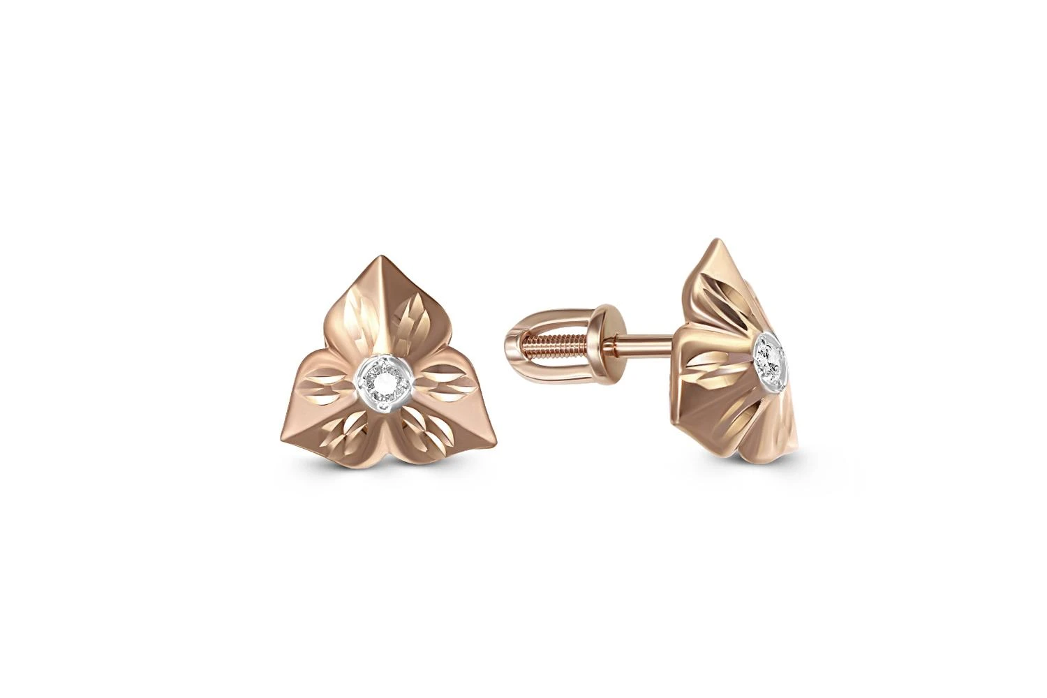 Серьги-пусеты Цветы из красного золота с 2 бриллиантами