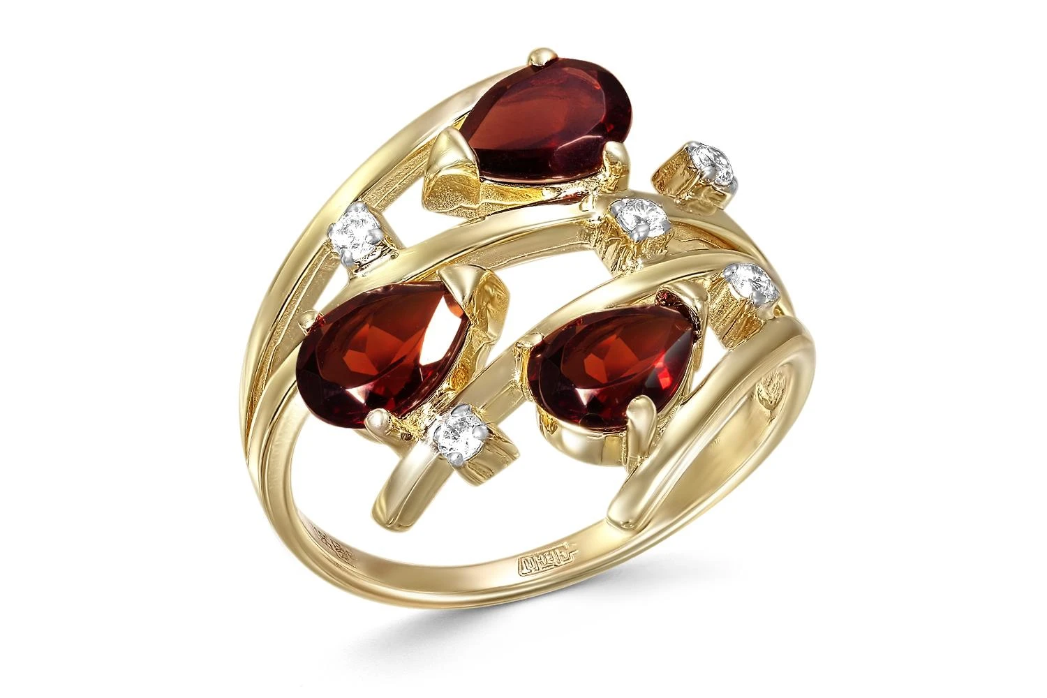 Кольцо из жёлтого золота с 3 ситаллами и 5 фианитами