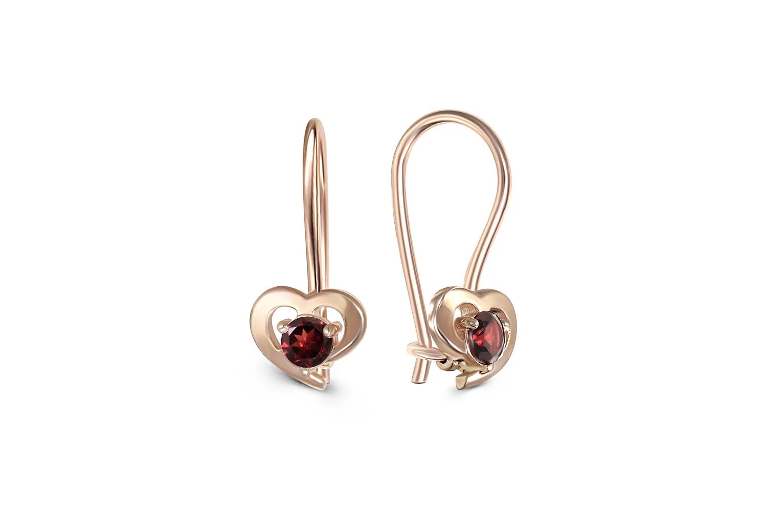 Детские серьги Сердца из красного золота с 2 гранатами