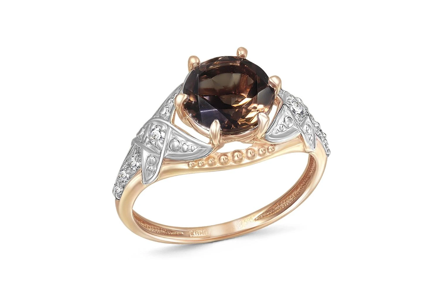 Кольцо из красного золота с раухтопазом и 8 фианитами