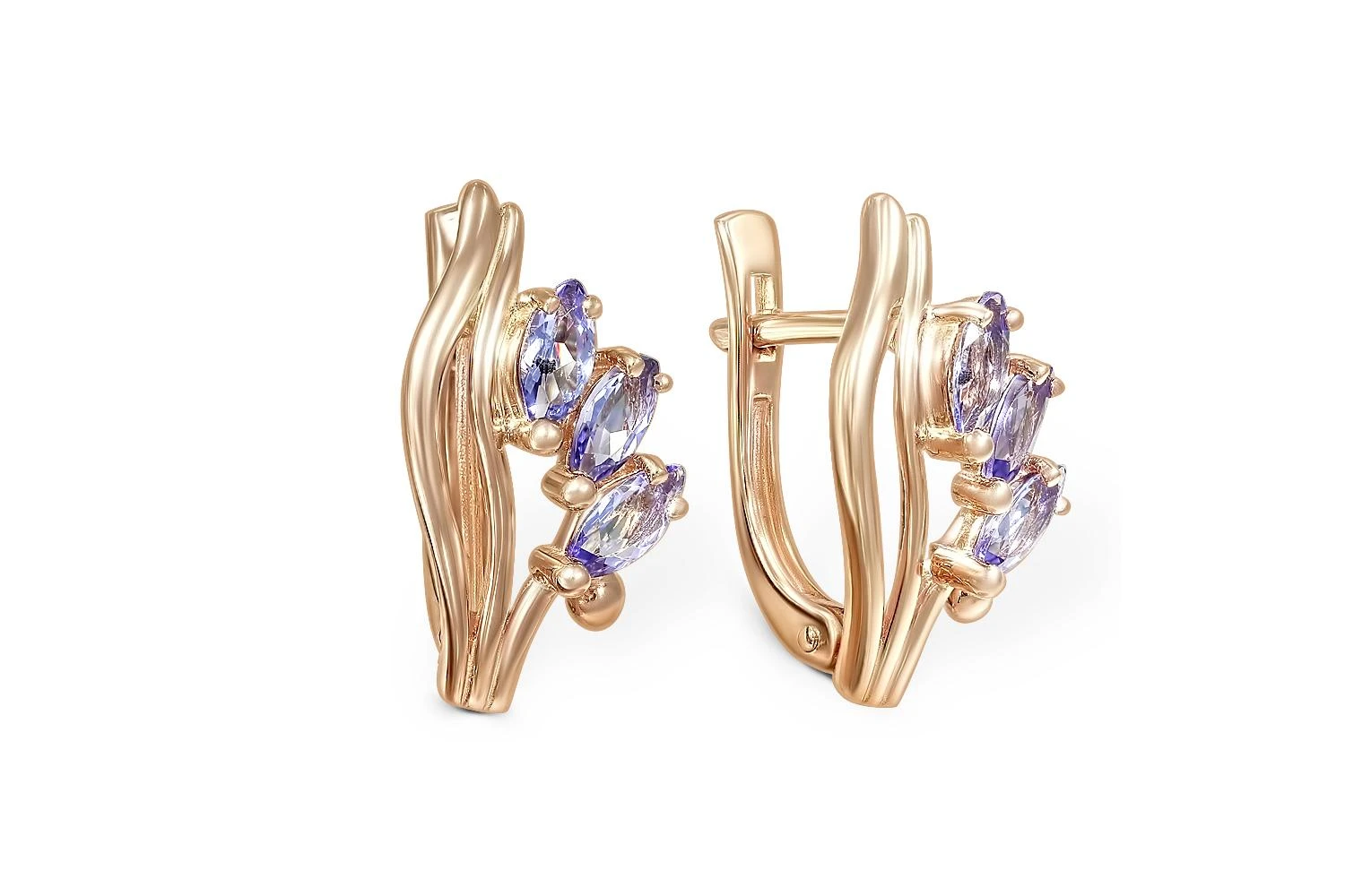 Серьги Веточки из красного золота с 6 танзанитами