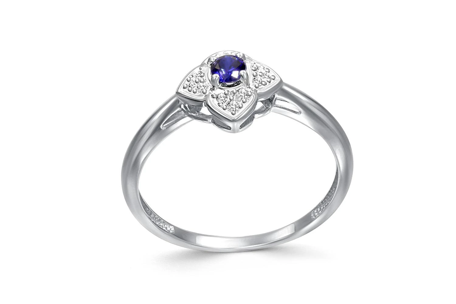 Кольцо Цветок из белого золота с сапфиром и 12 фианитами