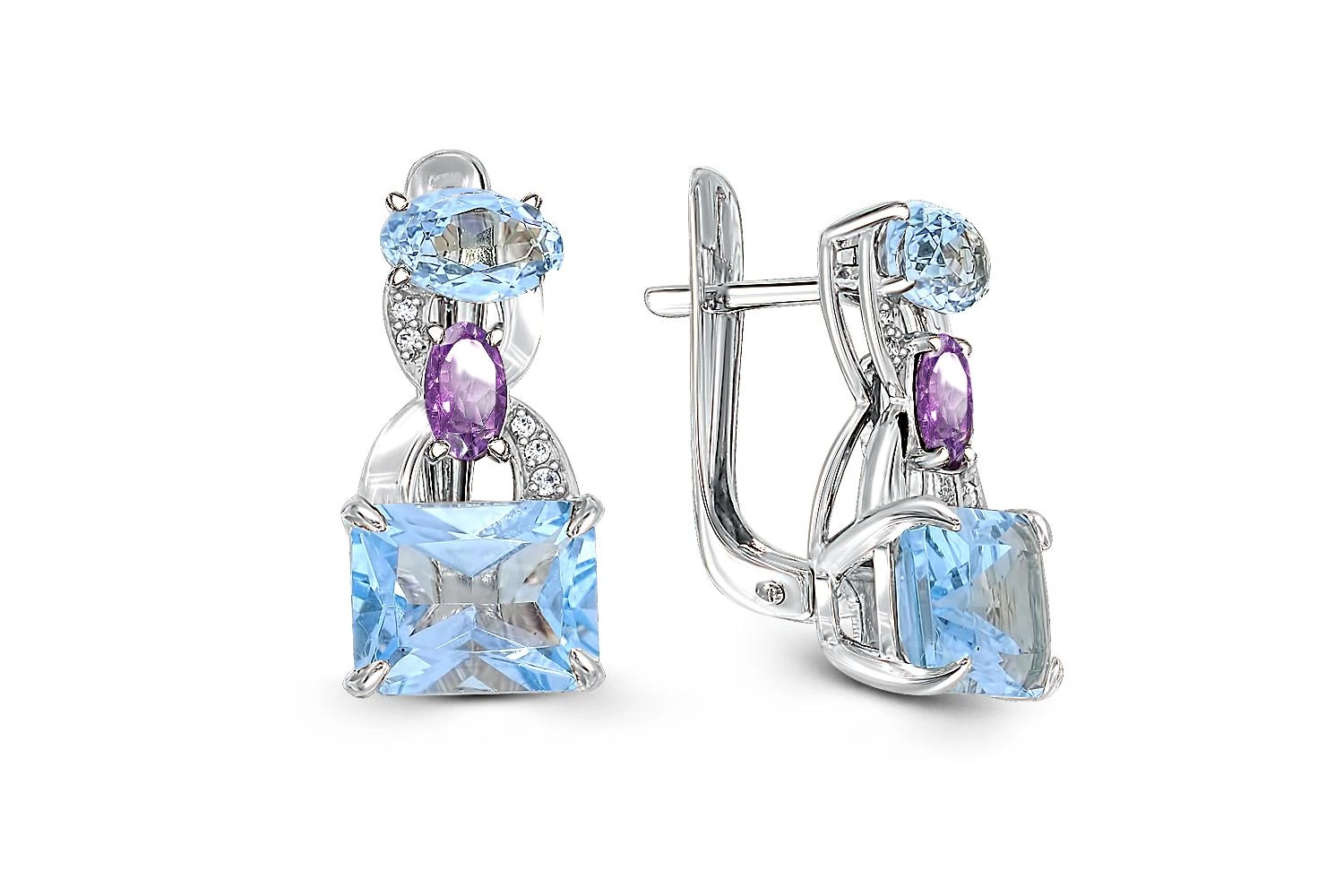 Серьги из белого золота с топазами sky, фианитами и аметистами