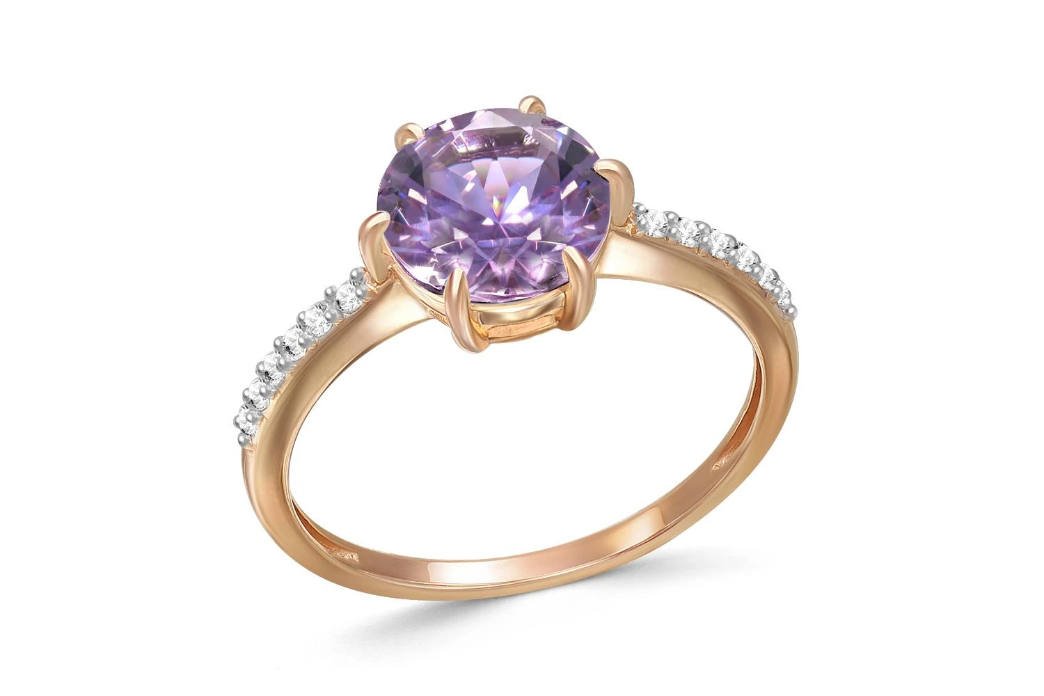 Кольцо из красного золота с аметистом и 12 фианитами