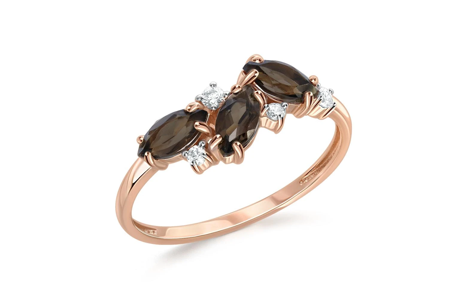 Кольцо из красного золота с 3 раухтопазами и 4 фианитами