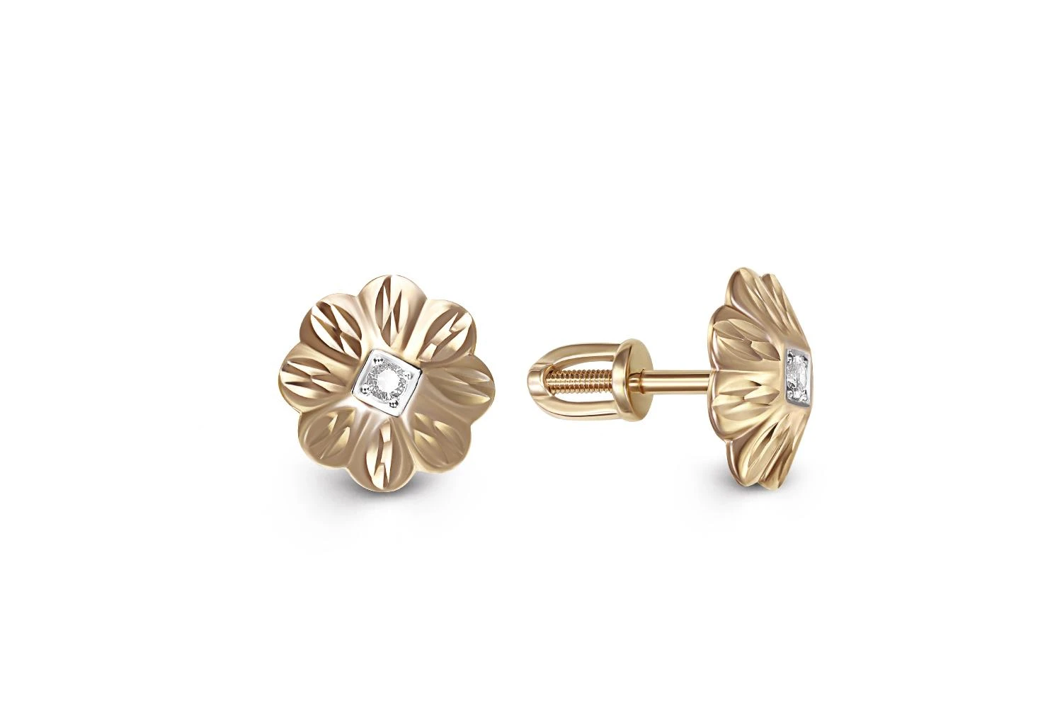 Серьги-пусеты Цветы из жёлтого золота с 2 фианитами