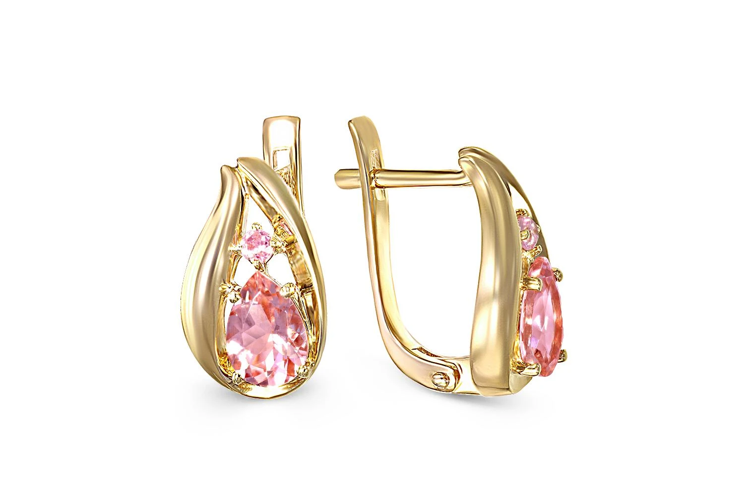 Серьги из жёлтого золота с 2 морганитами и 2 фианитами