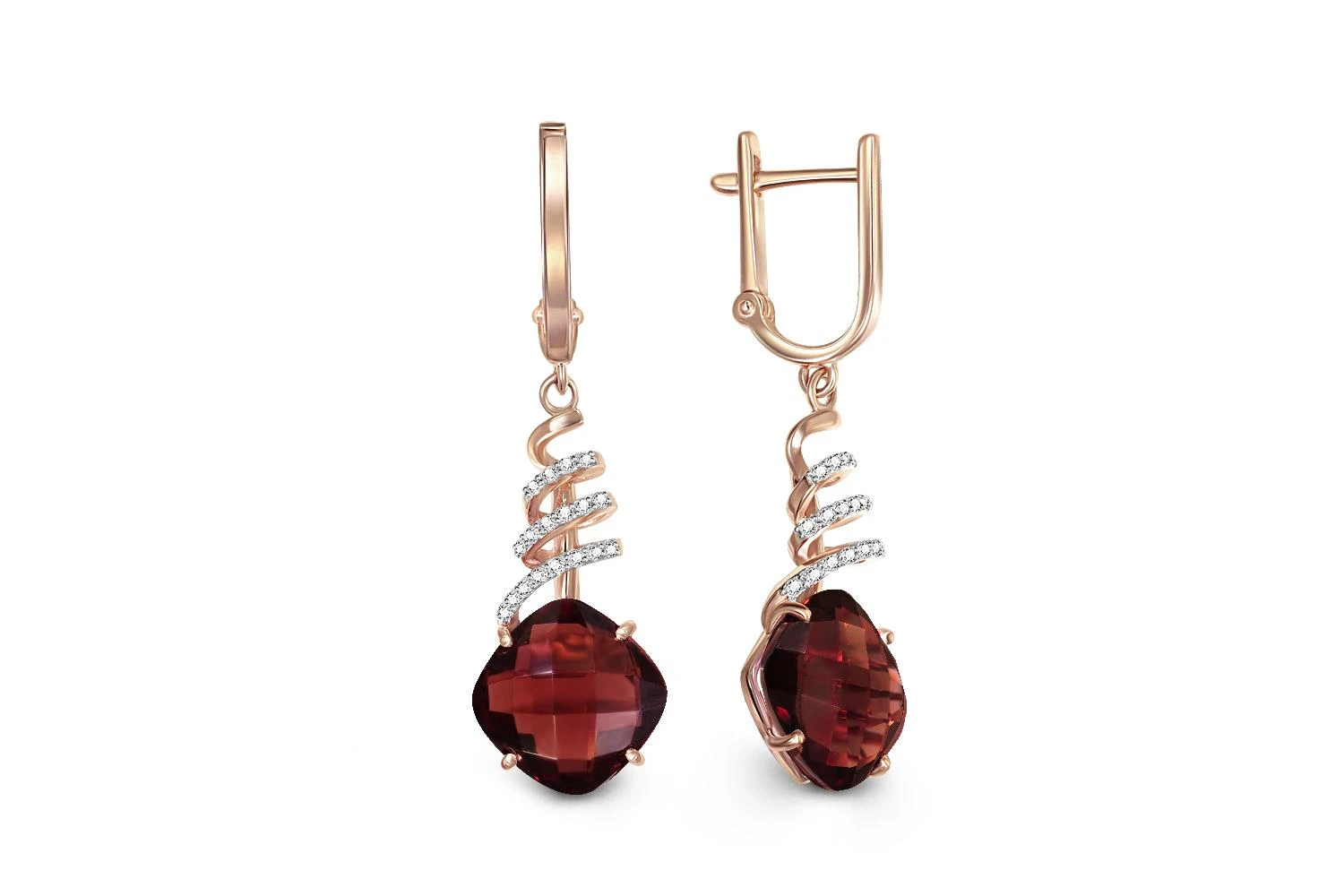 Серьги из красного золота с 2 гранатами и 36 фианитами