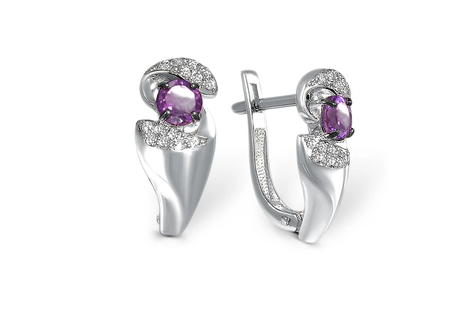 Серьги из белого золота с 2 аметистами и 28 бриллиантами