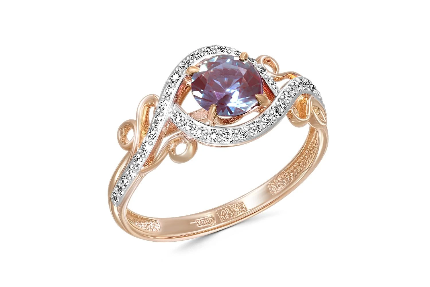 Кольцо из красного золота с александритом и 38 фианитами