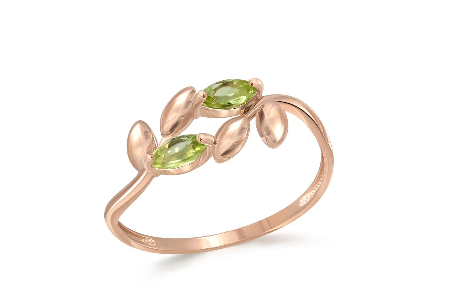 Кольцо Веточка из красного золота с 2 хризолитами