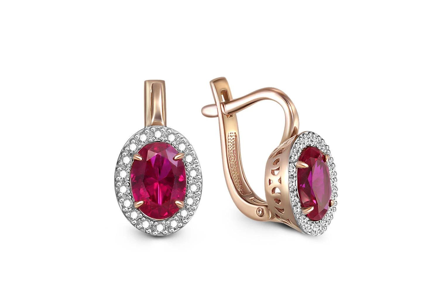 Серьги из красного золота с 2 корундами и 36 фианитами