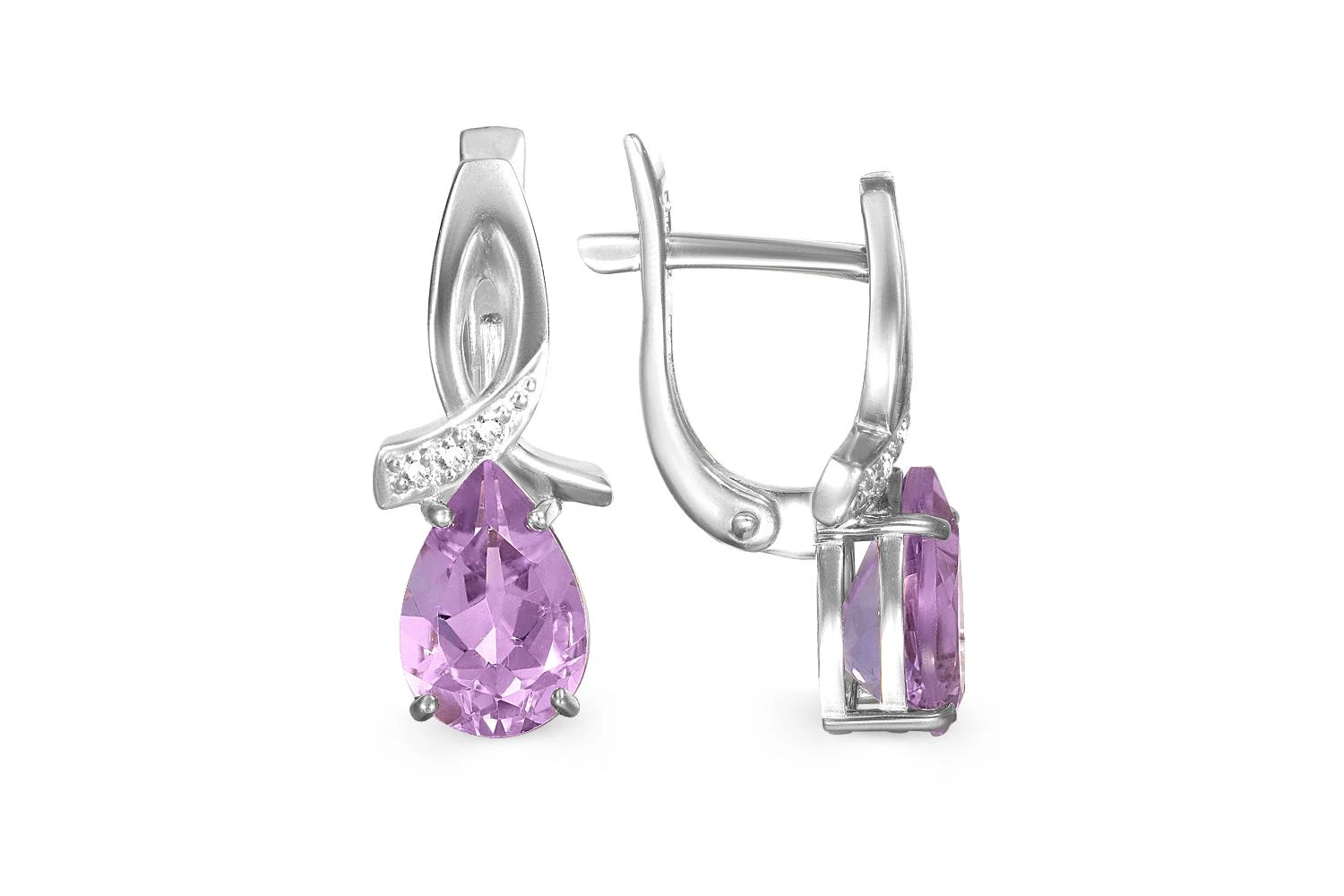 Серьги из белого золота с 2 аметистами и 6 фианитами