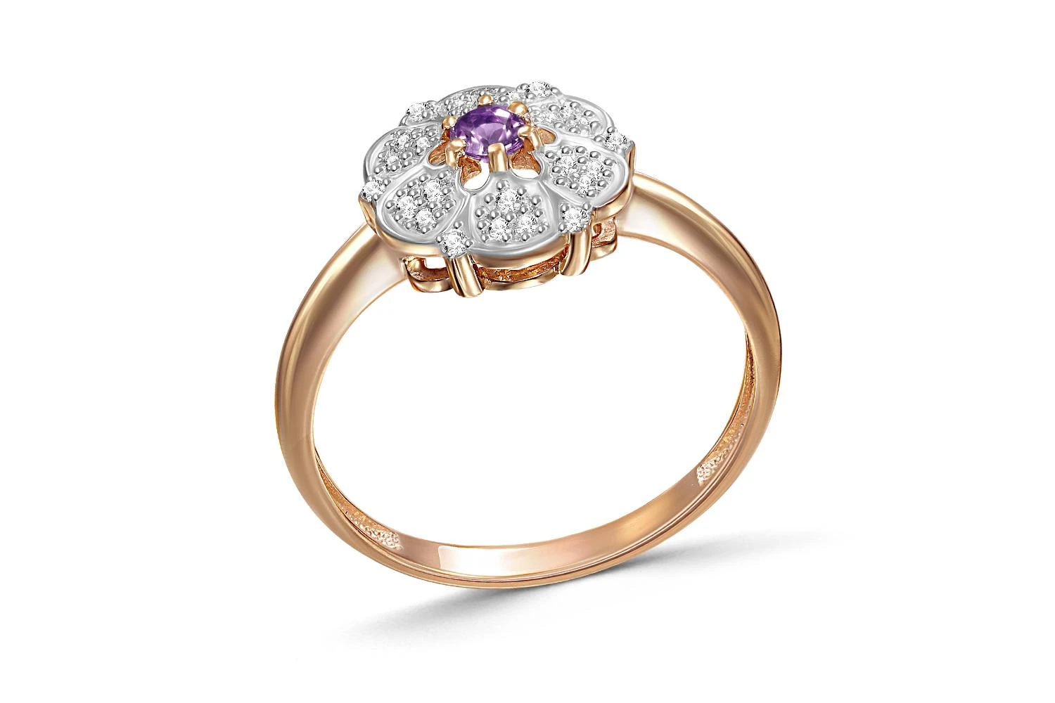 Кольцо Цветок из красного золота с аметистом и 24 фианитами