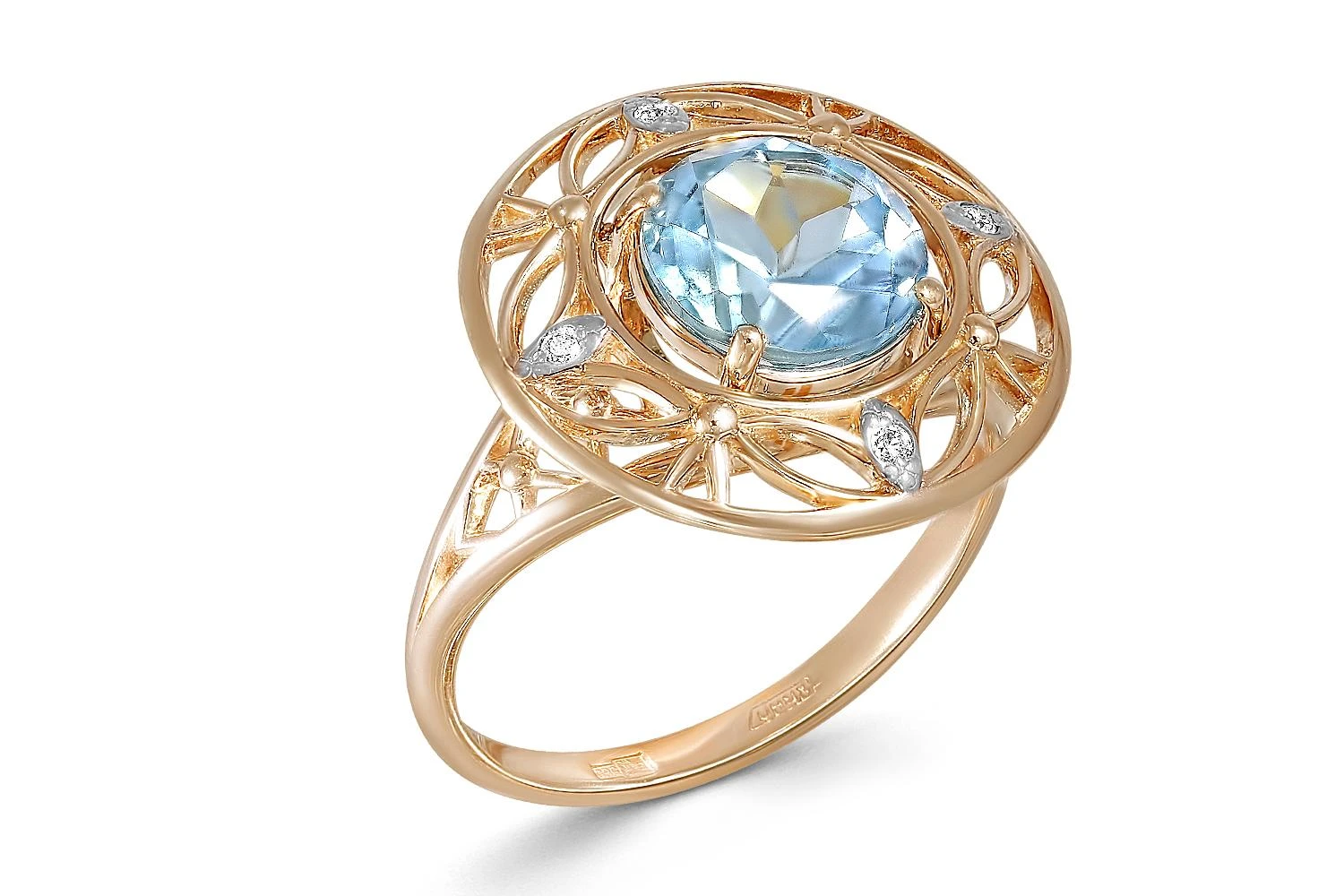 Кольцо Круг из красного золота с топазом sky и 4 фианитами