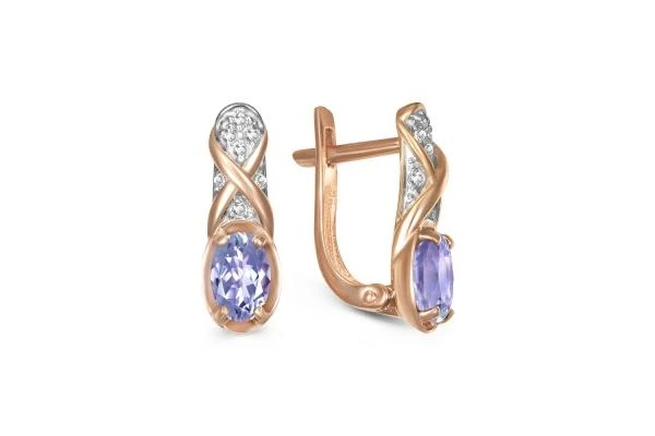 Серьги из красного золота с 2 танзанитами и 14 фианитами