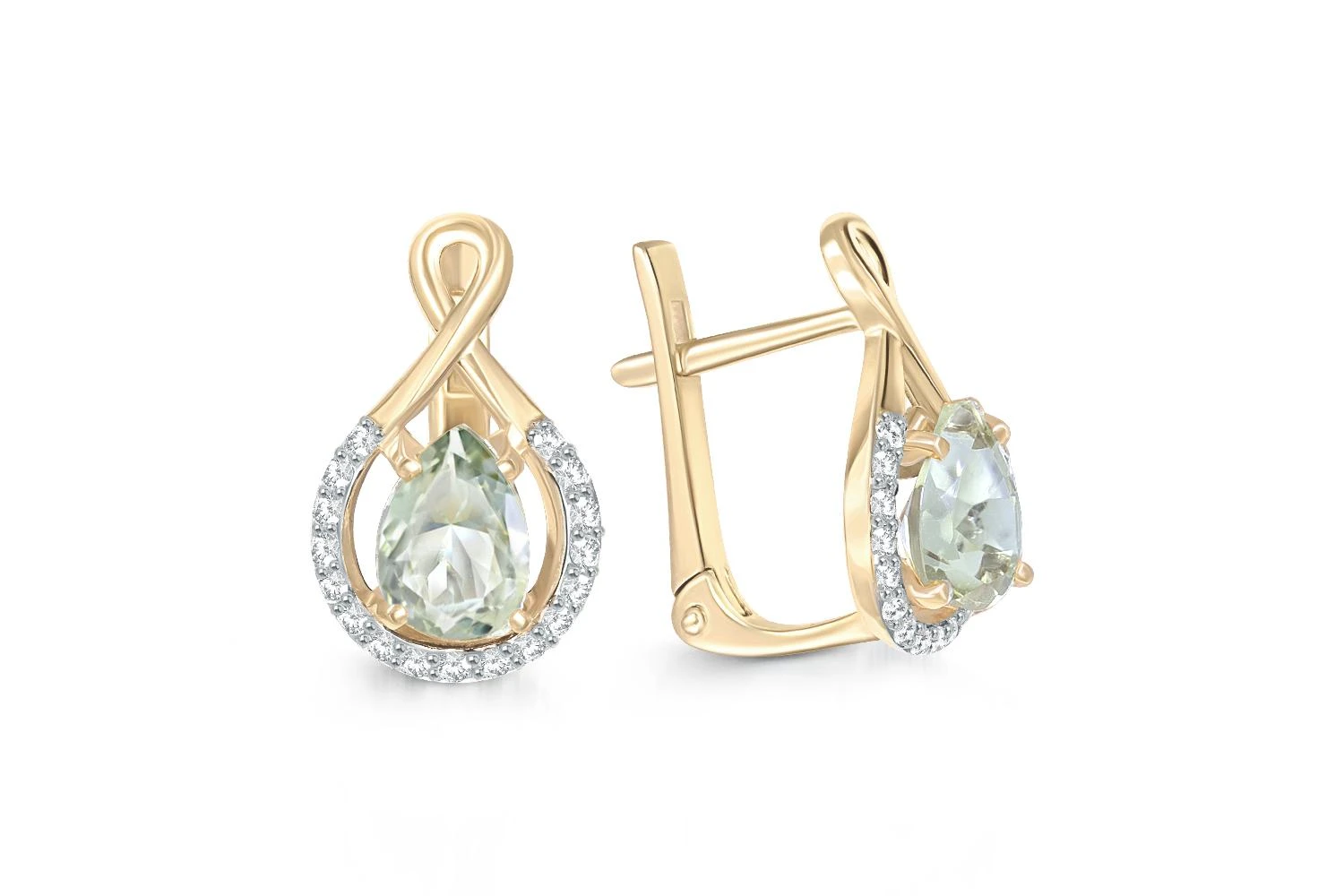 Серьги из жёлтого золота с 2 аметистами и 34 фианитами