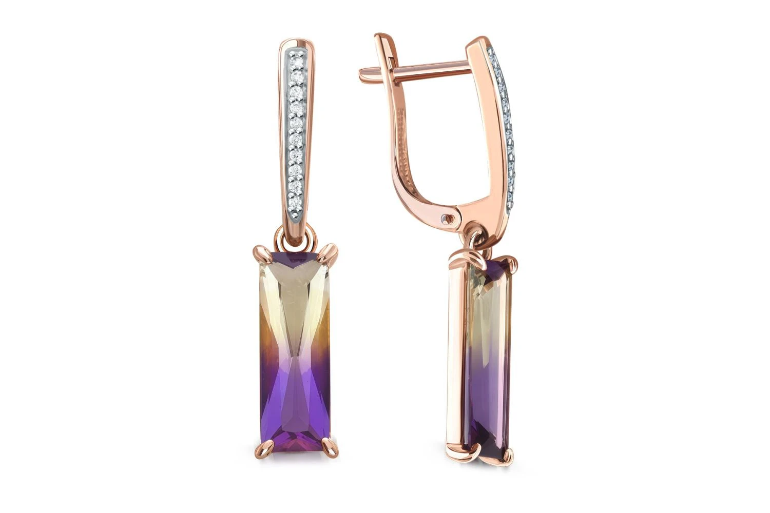 Серьги из красного золота с 2 кварцами и 20 фианитами