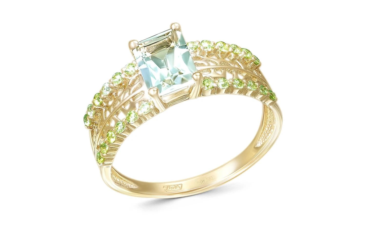 Кольцо из жёлтого золота с празиолитом и 24 фианитами