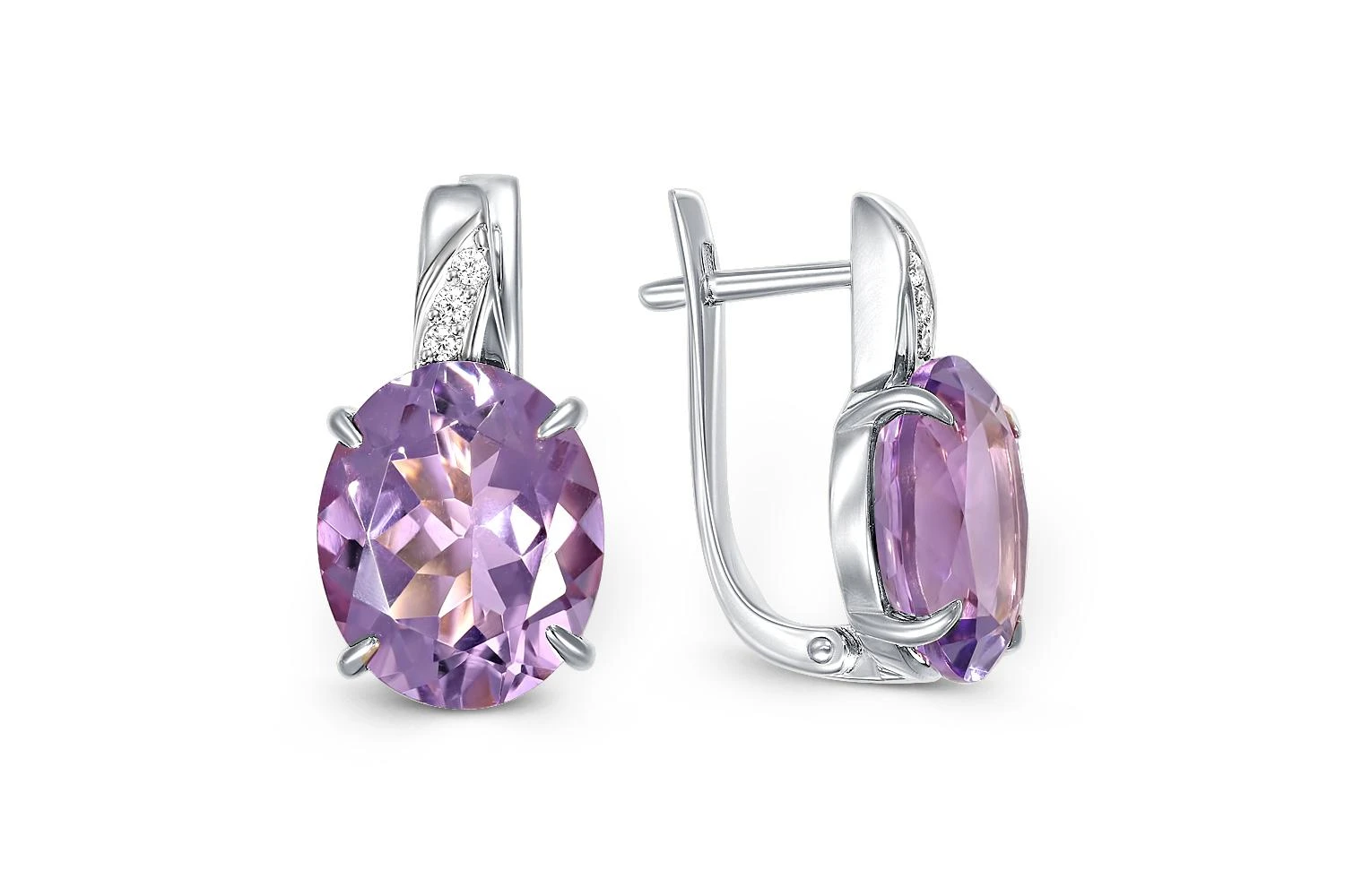 Серьги из белого золота с 2 аметистами и 6 фианитами