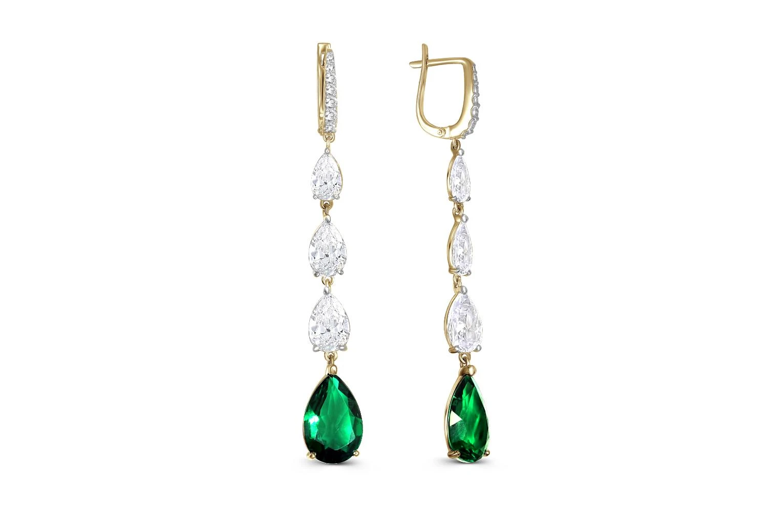 Серьги из жёлтого золота с 2 изумрудами и 20 фианитами