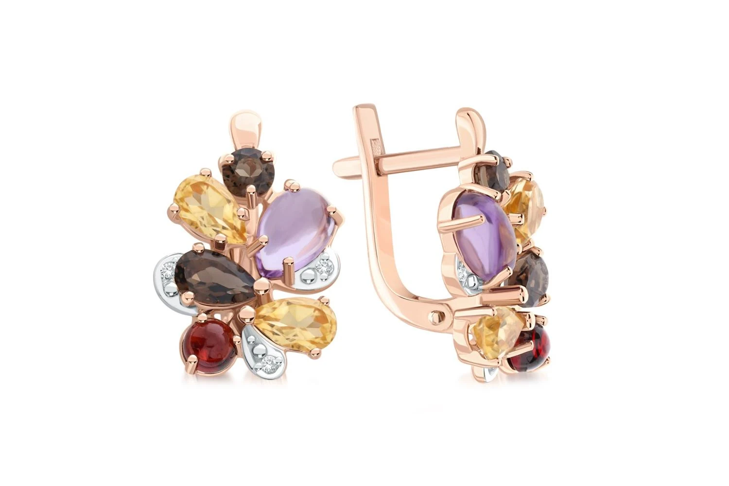 Серьги Цветы из красного золота с аметистами, гранатами и раухтопазами