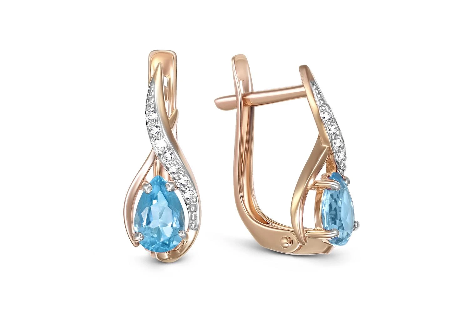 Серьги из красного золота с 2 топазами swiss и 14 фианитами