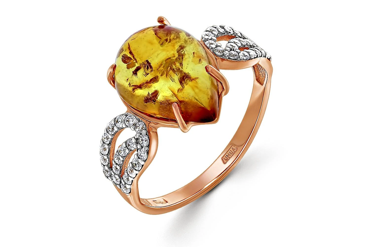 Кольцо из красного золота с янтарём и 38 фианитами
