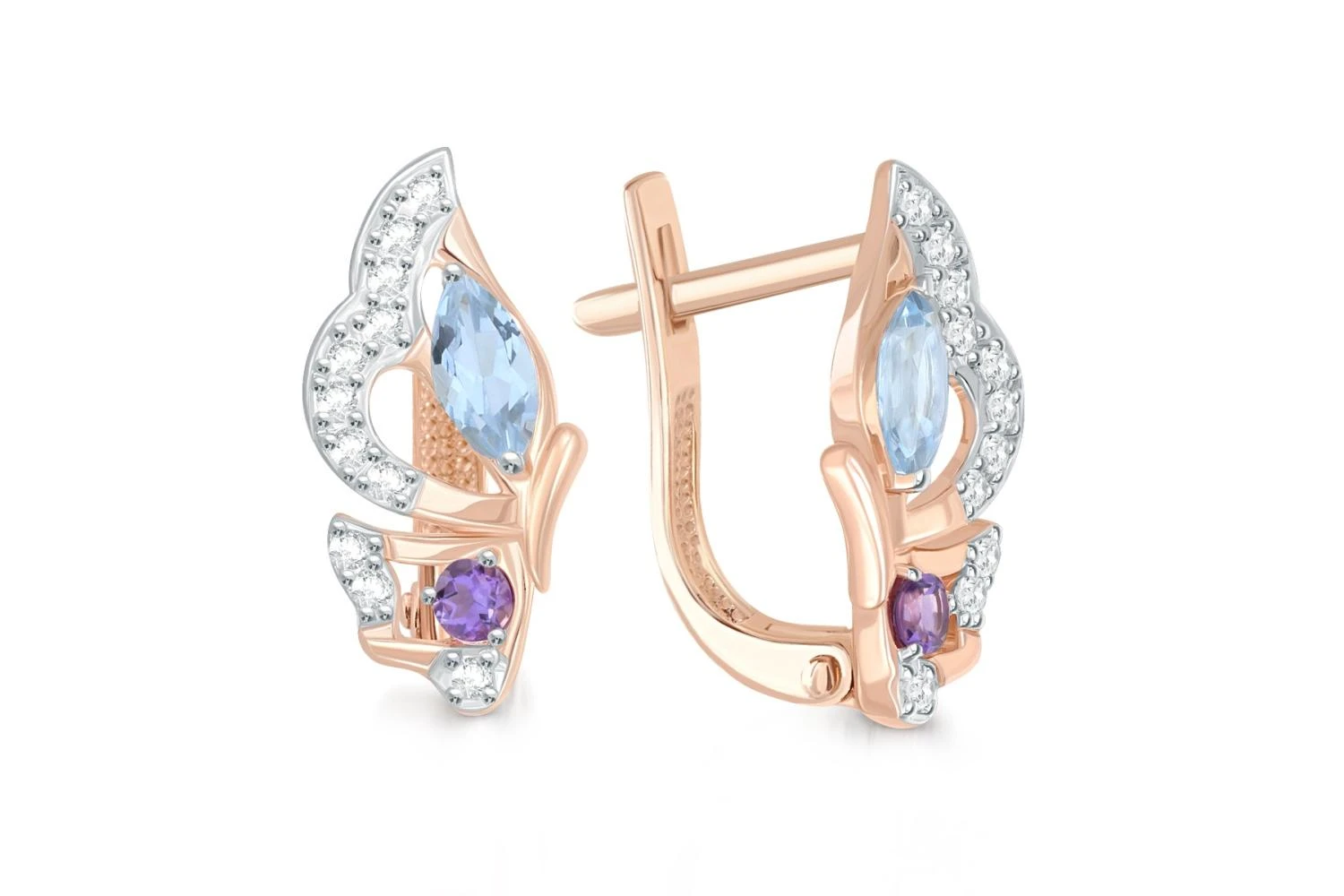 Серьги Бабочки из красного золота с топазами sky, фианитами и аметистами