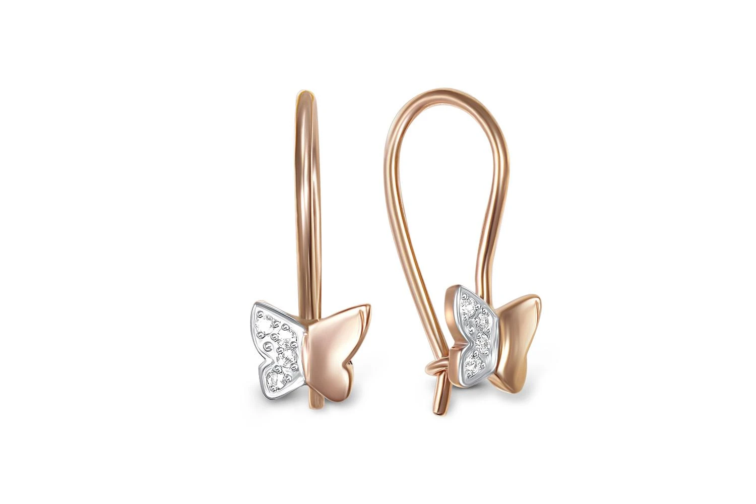 Детские серьги Бабочки из красного золота с 240 фианитами