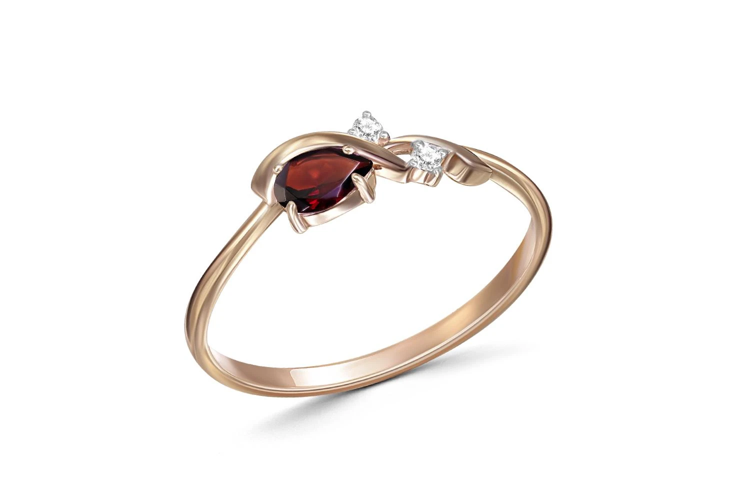 Кольцо из красного золота с гранатом и 2 фианитами