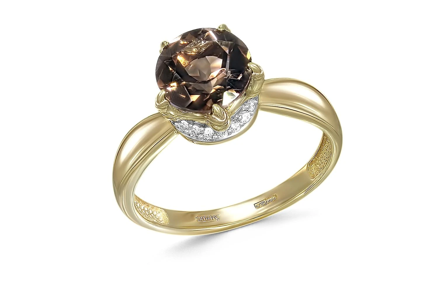 Кольцо из жёлтого золота с раухтопазом и 18 фианитами