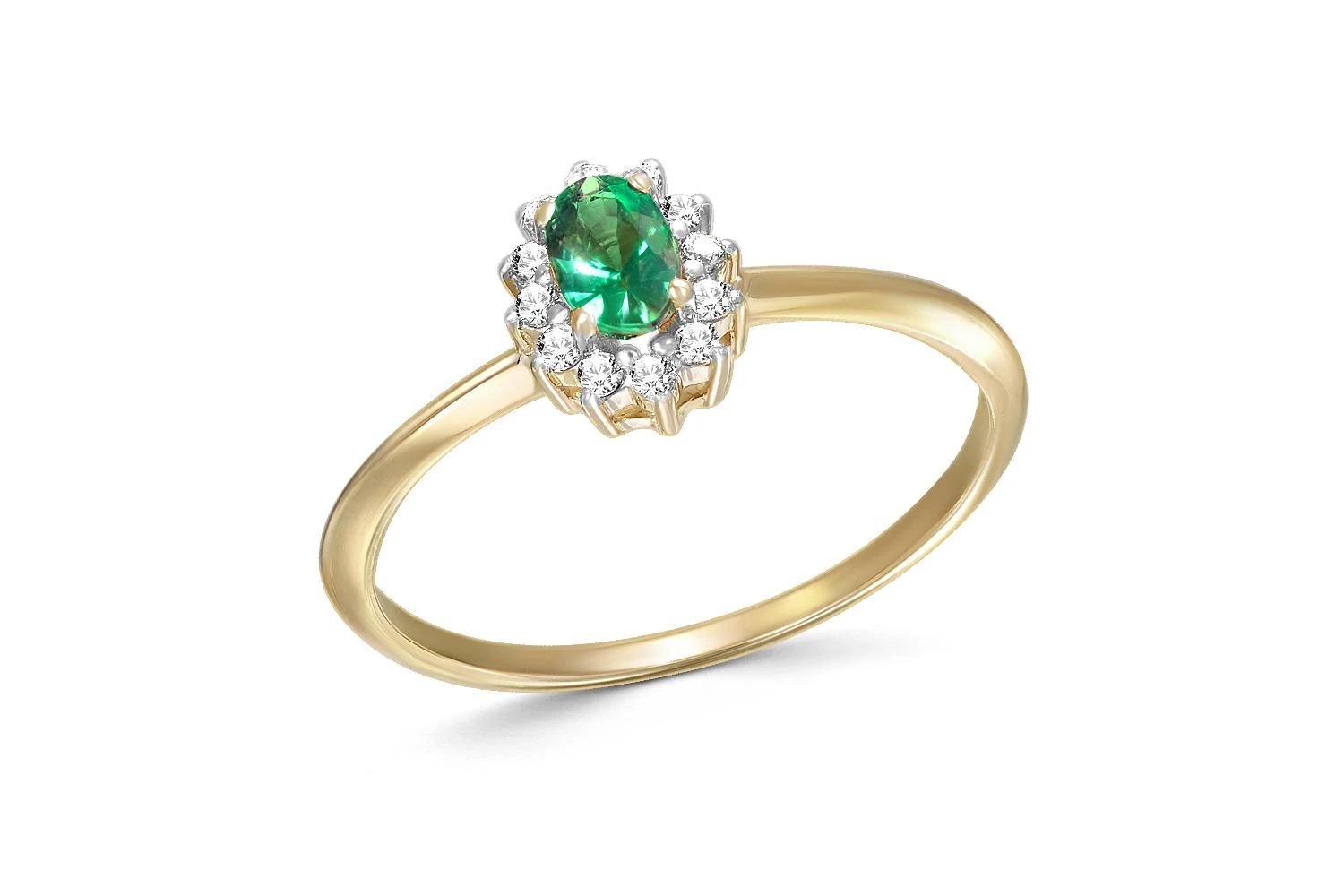 Кольцо из жёлтого золота с изумрудом и 12 фианитами