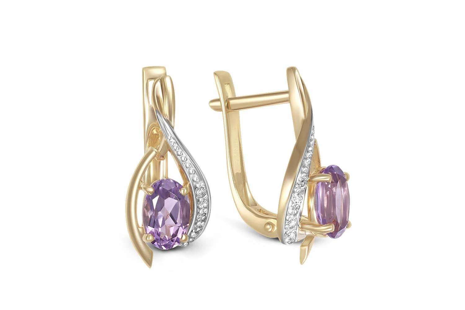 Серьги из жёлтого золота с 2 аметистами и 10 фианитами