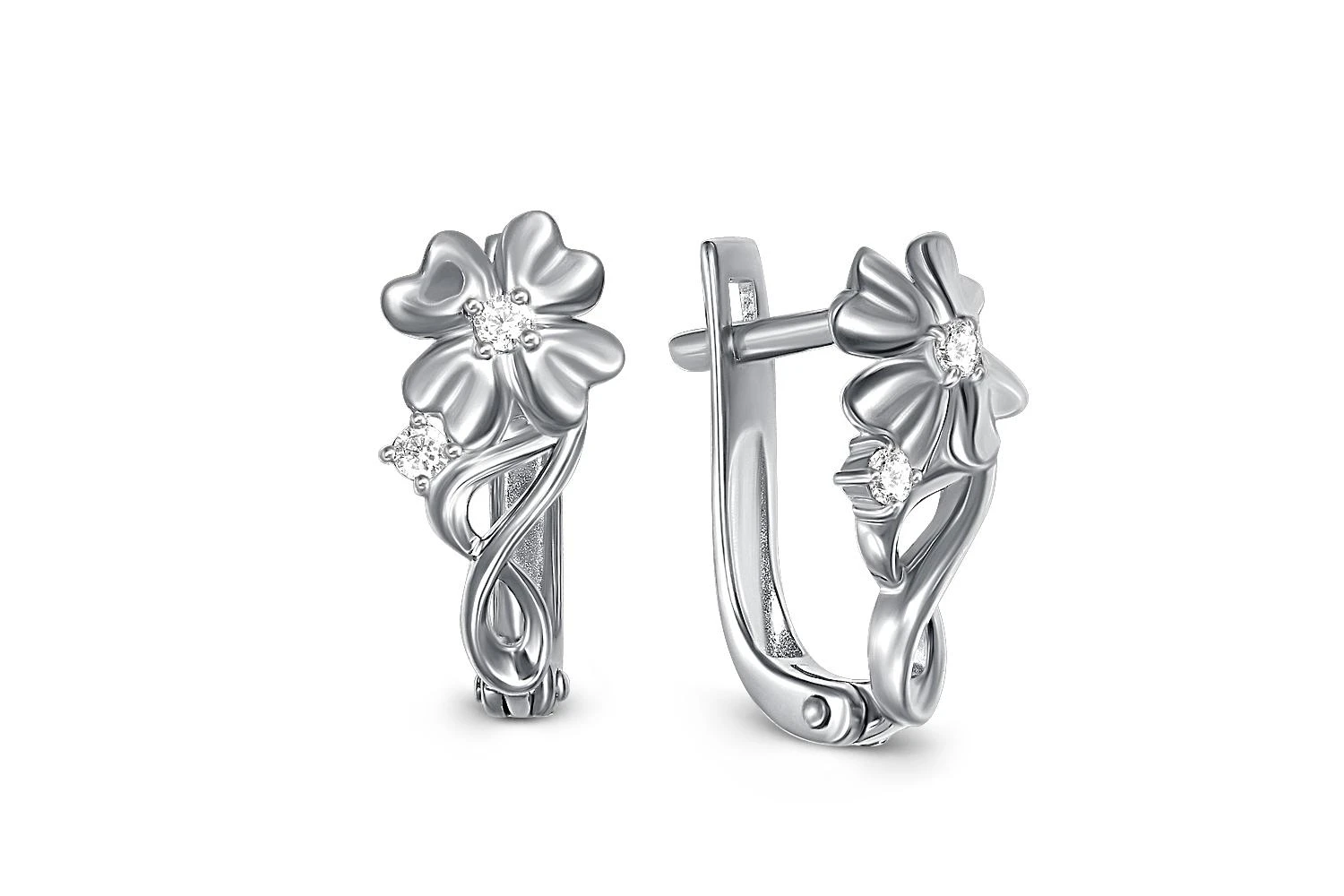 Серьги Цветы из белого золота с 4 фианитами