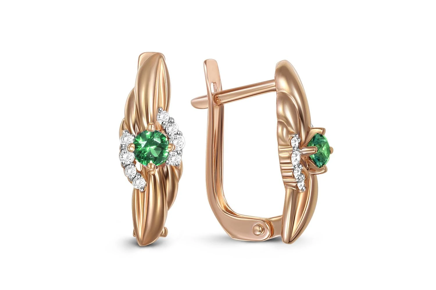 Серьги из красного золота с 2 изумрудами и 16 бриллиантами