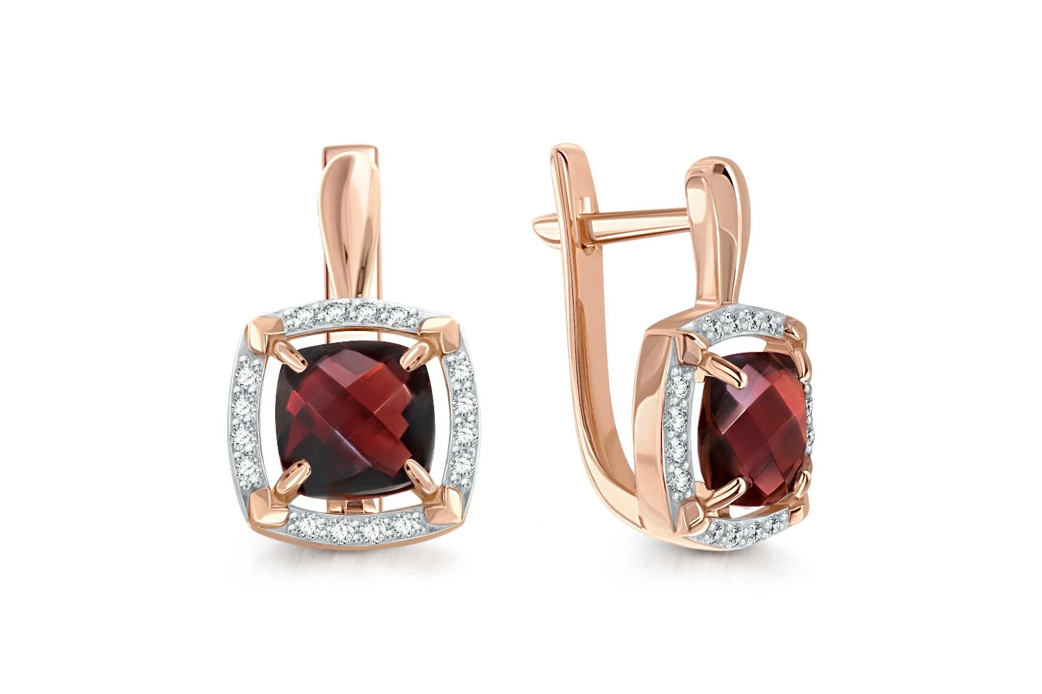 Серьги из красного золота с 2 гранатами и 32 фианитами