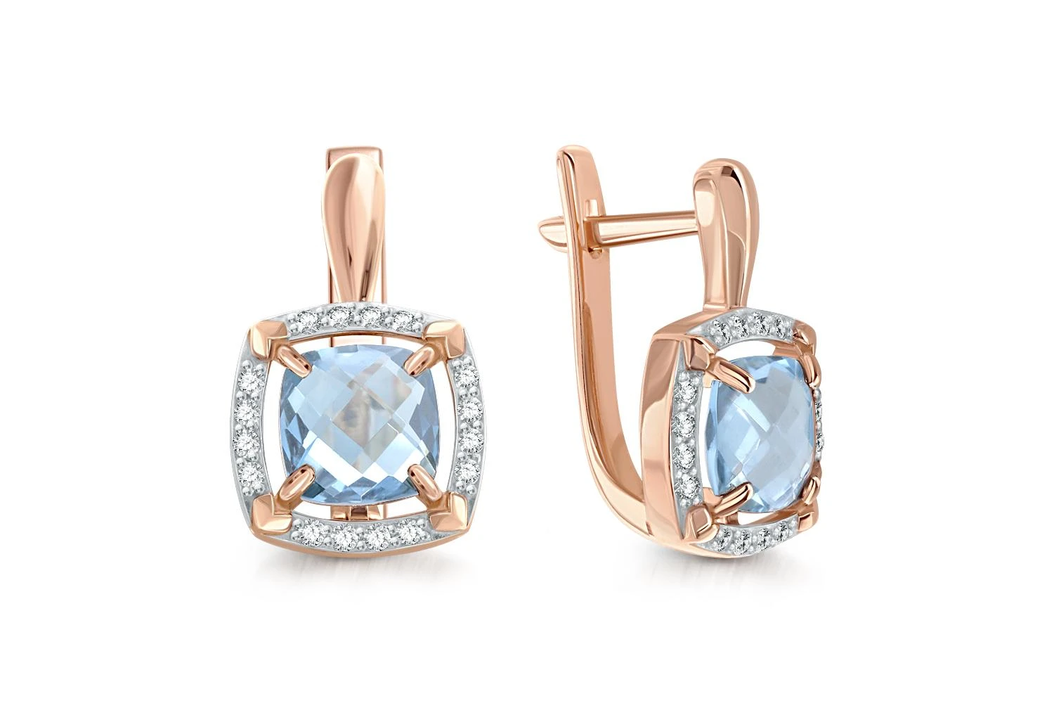 Серьги из красного золота с 2 топазами sky и 32 фианитами