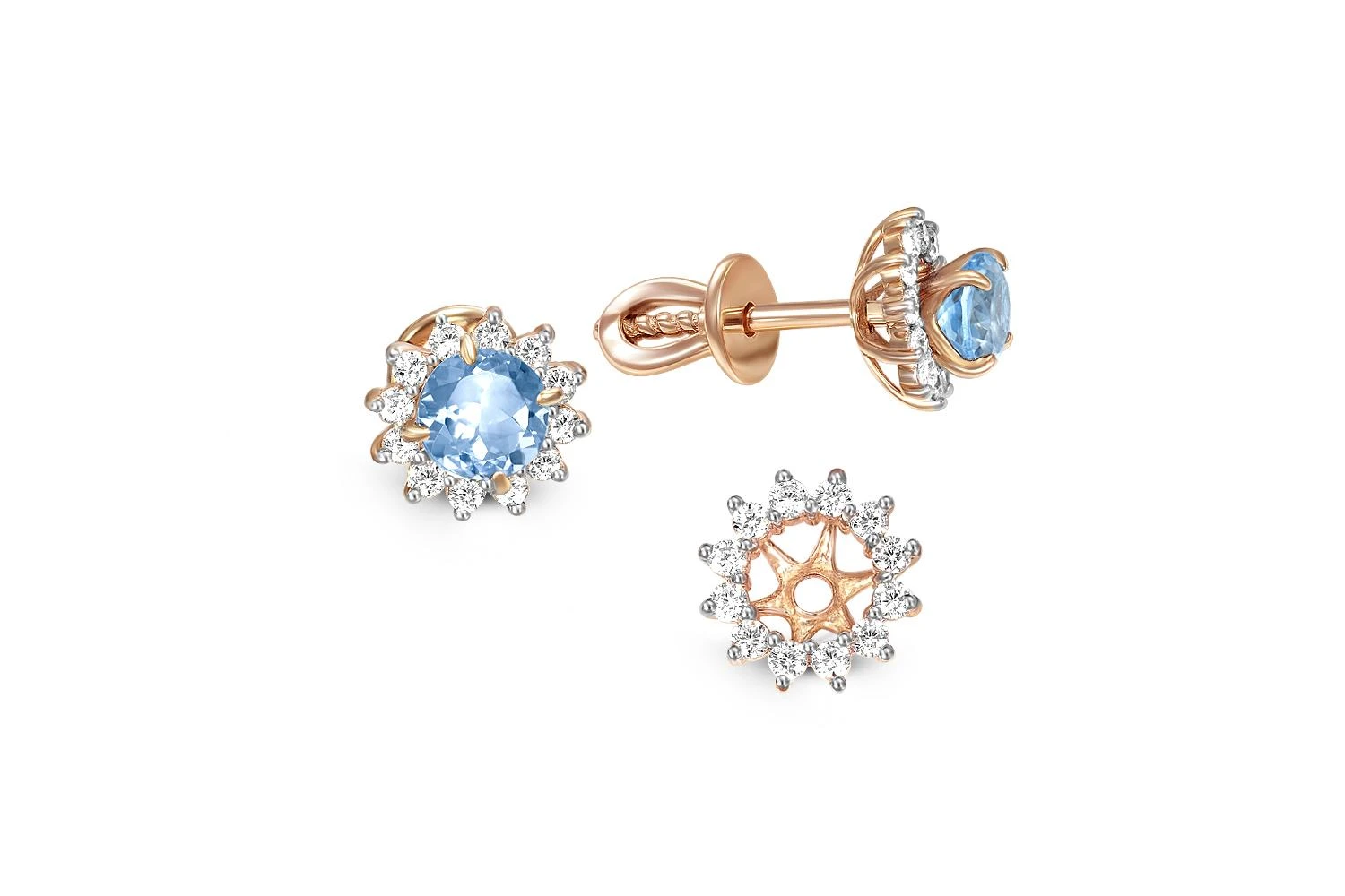 Серьги-пусеты из красного золота с 2 топазами swiss и 24 фианитами