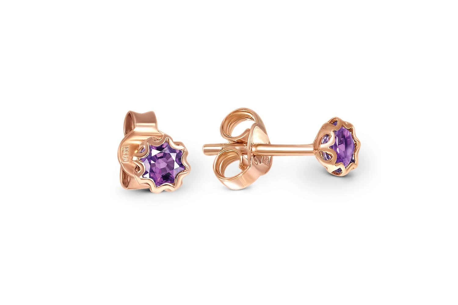Серьги-пусеты из красного золота с 2 аметистами