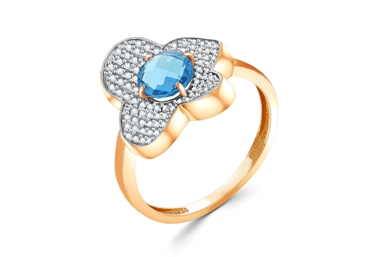 Кольцо Цветок из красного золота с топазом swiss и 93 фианитами