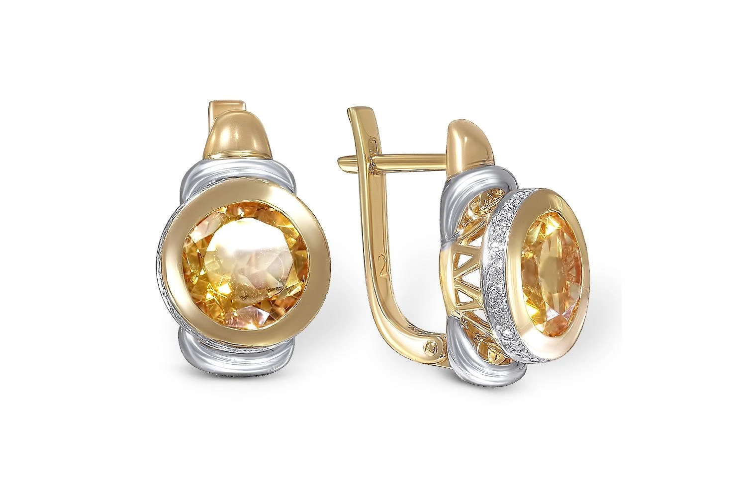 Серьги из жёлтого золота с 2 цитринами и 52 фианитами