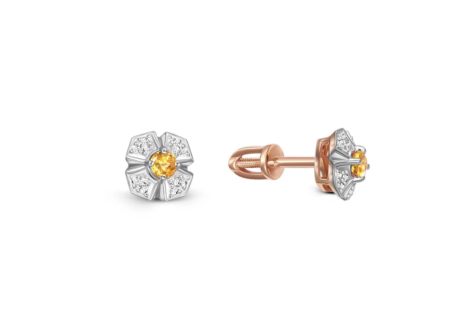 Серьги-пусеты Цветы из красного золота с 2 цитринами и 24 фианитами