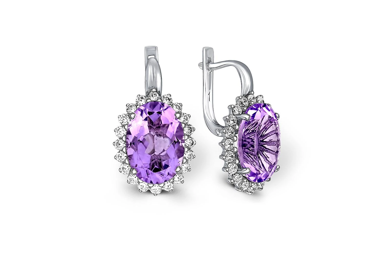 Серьги из белого золота с 2 аметистами и 40 фианитами